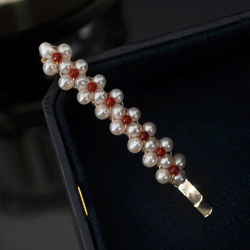 Elegant Pearl and Red Bead Hair Barrette